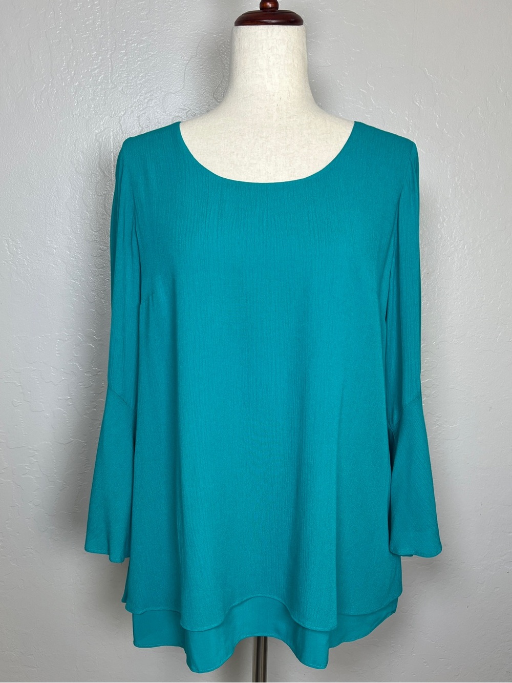 SOFT SURROUNDINGS Women’s Size PS Peacock Green Gabby Gauze Bell Sleeve Tunic - Picture 2 of 11